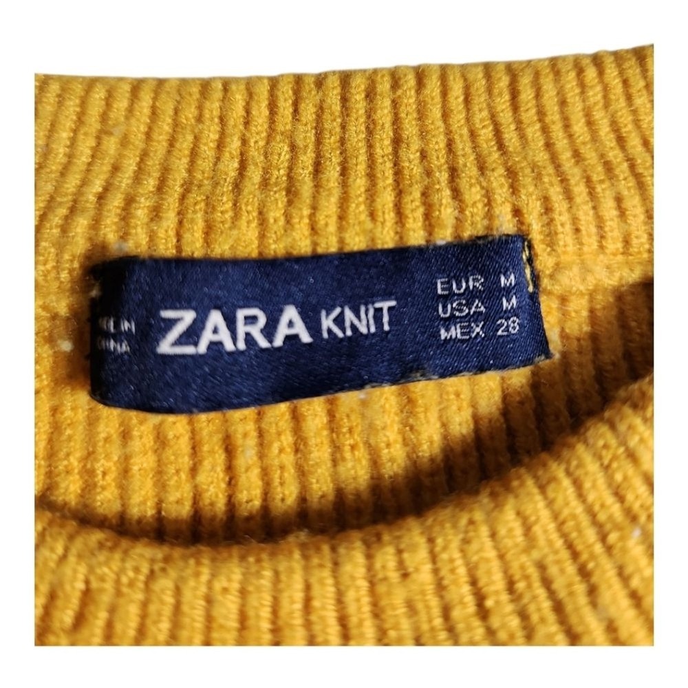 Zara Ribbed Knit Sweater Womens Size M Yellow Balloon Sleeve Cropped Cozy - Picture 2 of 7